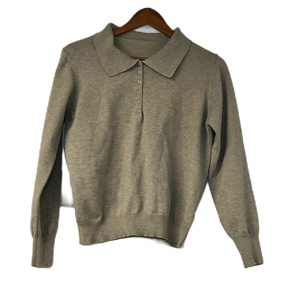 Dazy woman's sz XL tan cropped neutral half button blouse collar sweater cozy